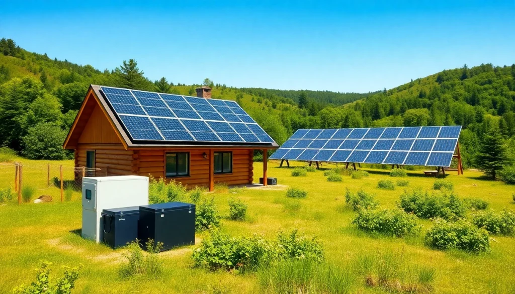 Off grid home solar system with solar panels on a cabin surrounded by nature.