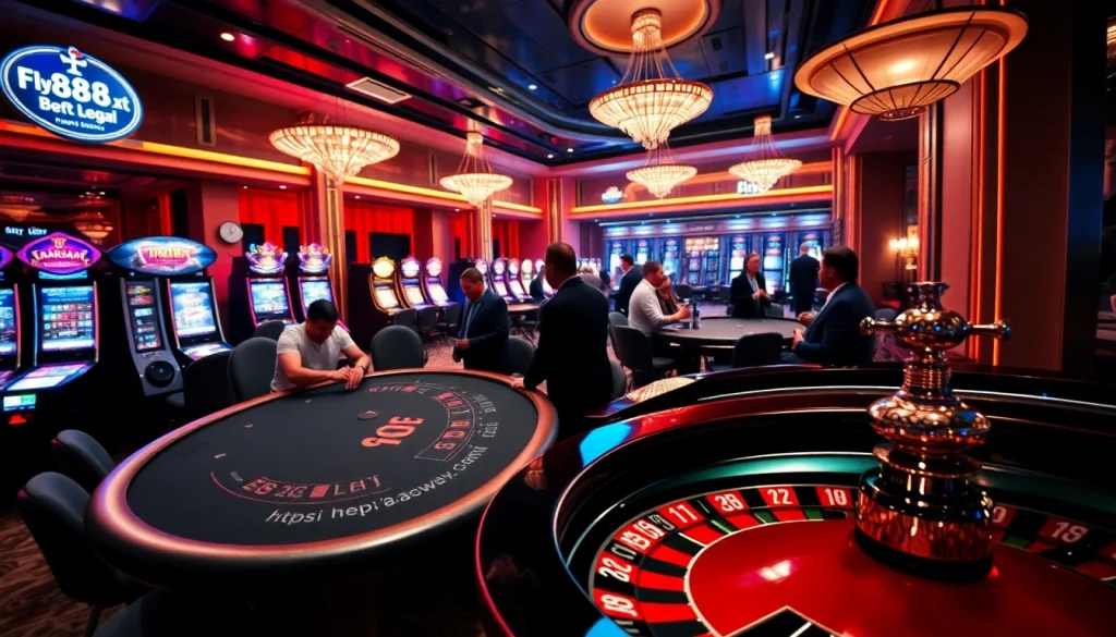 Engaged gamblers at a luxurious casino table celebrating wins at https://fly88.legal/ slots and poker games.