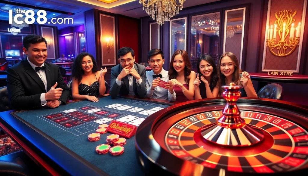 Players engaging in lively games on lc88.com with vibrant poker chips and roulette wheel.