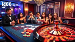 Players engaging in lively games on lc88.com with vibrant poker chips and roulette wheel.