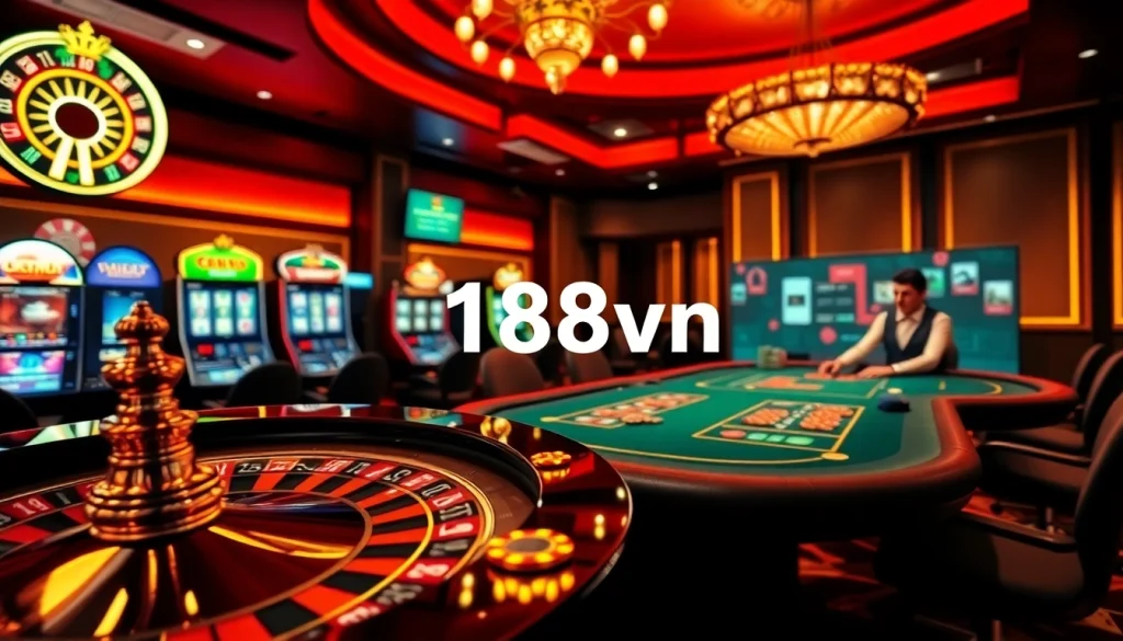 Explore a vibrant casino scene with roulette and poker, highlighting 168vn's thrilling gaming experience.