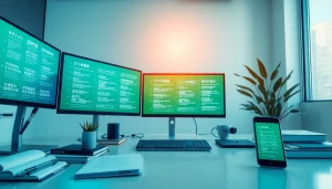 youdao翻译 displayed on multiple screens in a modern workspace, showcasing translation tools and language learning.