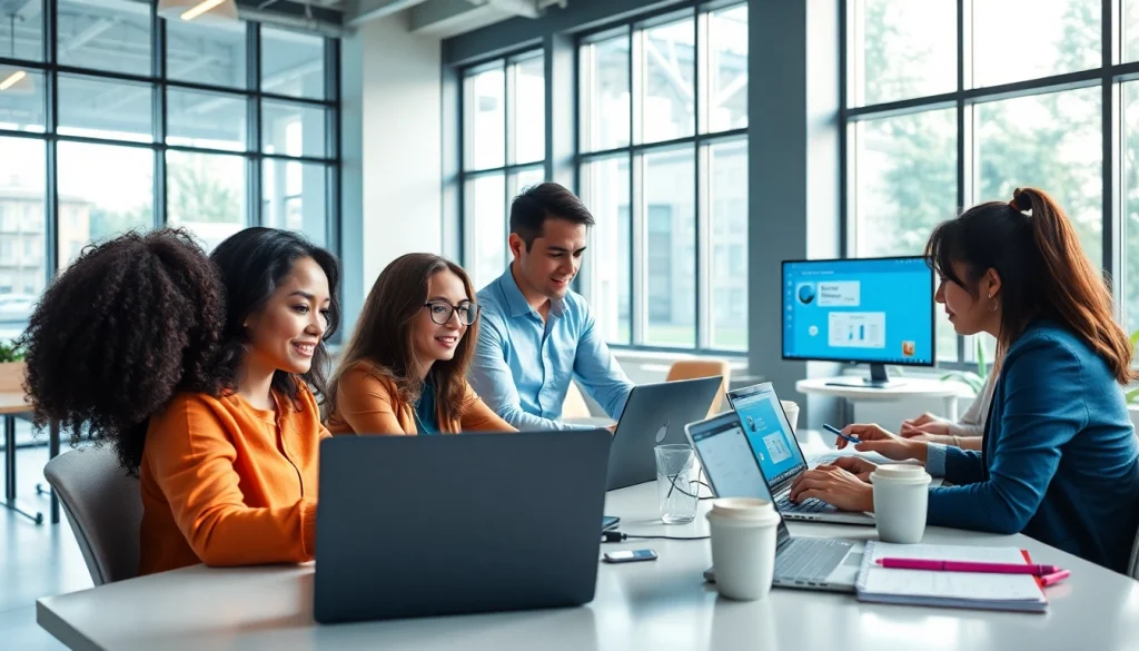 Collaborative professionals using WPS软件下载 in a modern office setting, showcasing productivity and innovation.