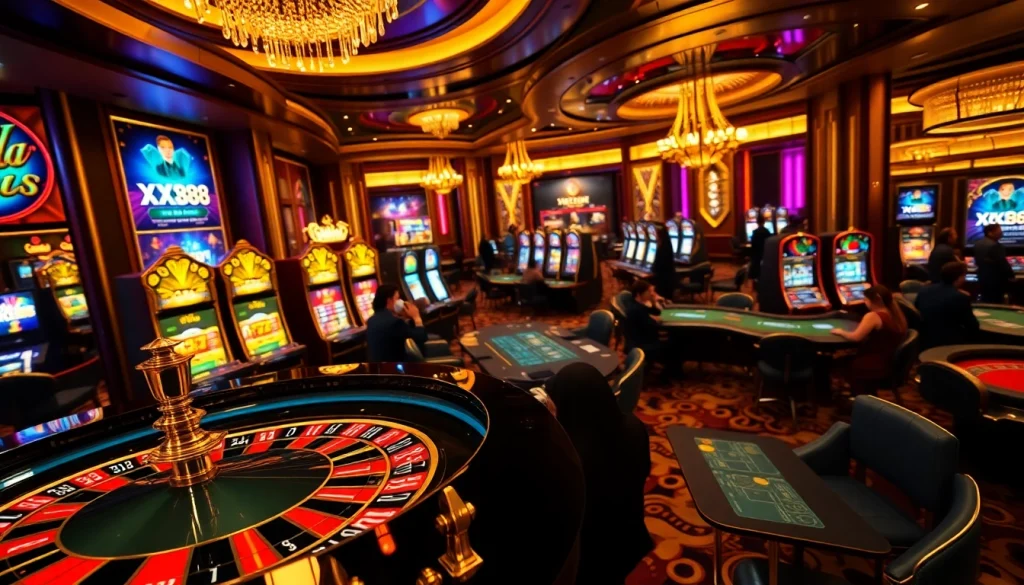 Players enjoying games at xx88com's upscale casino, highlighting roulette and poker excitement.
