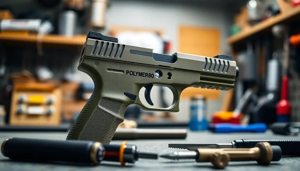 Assembling polymer80 pf940c on a workshop bench with highlighted ergonomic features.