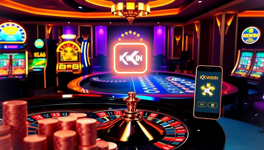 Engaging KKWIN vin mobile app displayed with vibrant casino elements like roulette and baccarat.