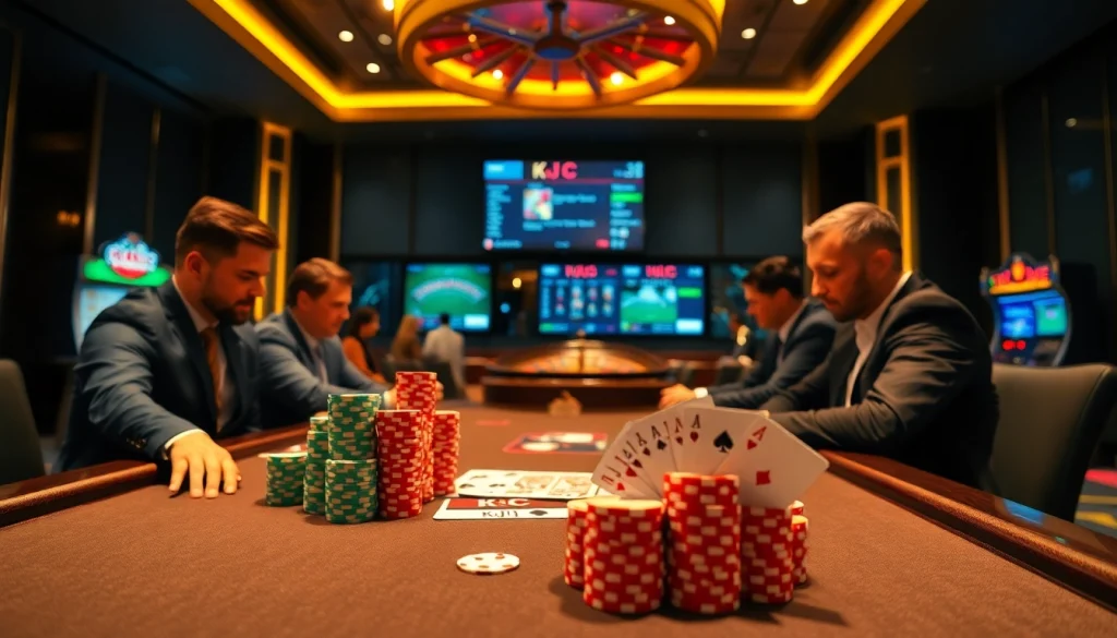 Engaging scene of a high-stakes poker table at KJ C casino, with colorful poker chips and cards.
