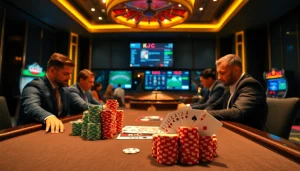 Engaging scene of a high-stakes poker table at KJ C casino, with colorful poker chips and cards.