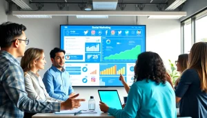 Engaged team discussing strategies for a facebook smm panel in a modern office environment.