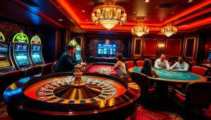 Experience the thrill of gambling at https://thabet77.sa.com/ with a luxurious casino scene featuring roulette and poker games.