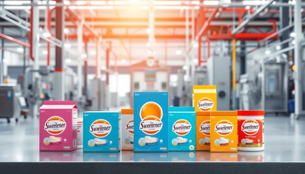 Showcasing industrial sweetener products in a modern industrial setting with high-quality packaging.