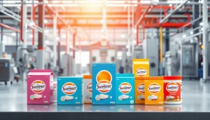 Showcasing industrial sweetener products in a modern industrial setting with high-quality packaging.