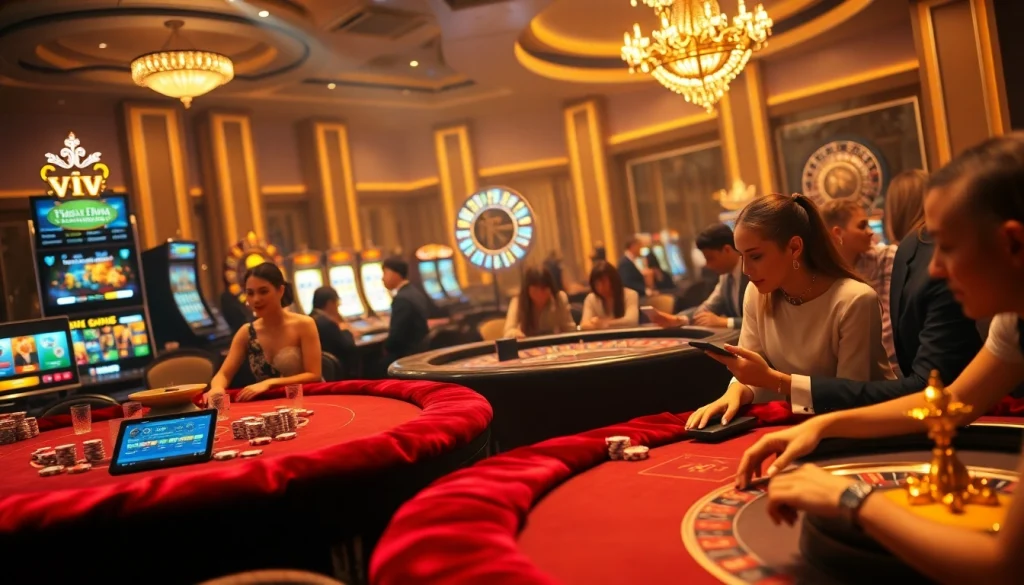 Khela88 VIP players enjoying a luxurious casino experience with poker chips, tables, and online interfaces.