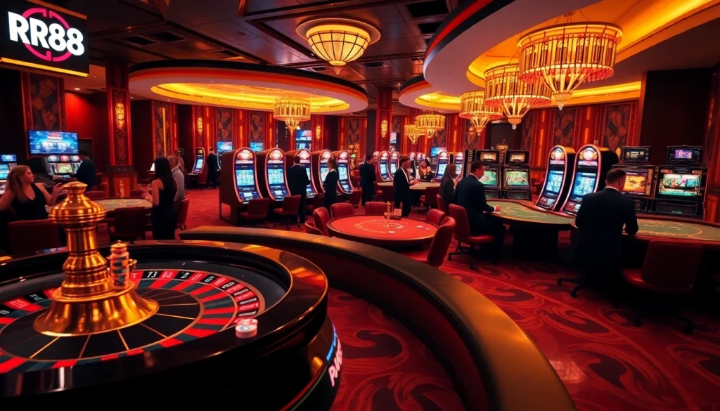 Players enjoying vibrant gambling action at RR88's luxurious casino gaming tables.