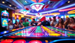 Permainan plinko slot yang menarik dengan disko berjatuhan dan latar belakang kasino yang ceria
