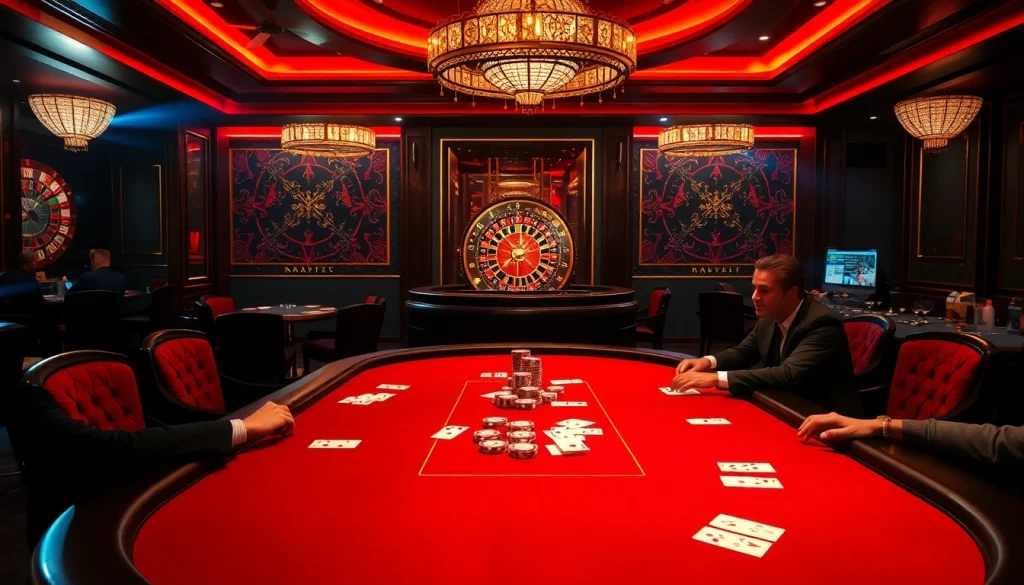 Excited players at a SHBET poker table, immersed in high-stakes gameplay with vibrant casino decor.