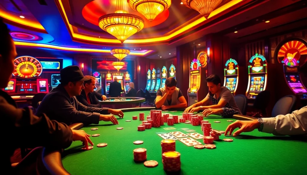 A lively casino scene with players at a poker table, showcasing strategy and excitement at k88win.