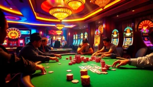 A lively casino scene with players at a poker table, showcasing strategy and excitement at k88win.