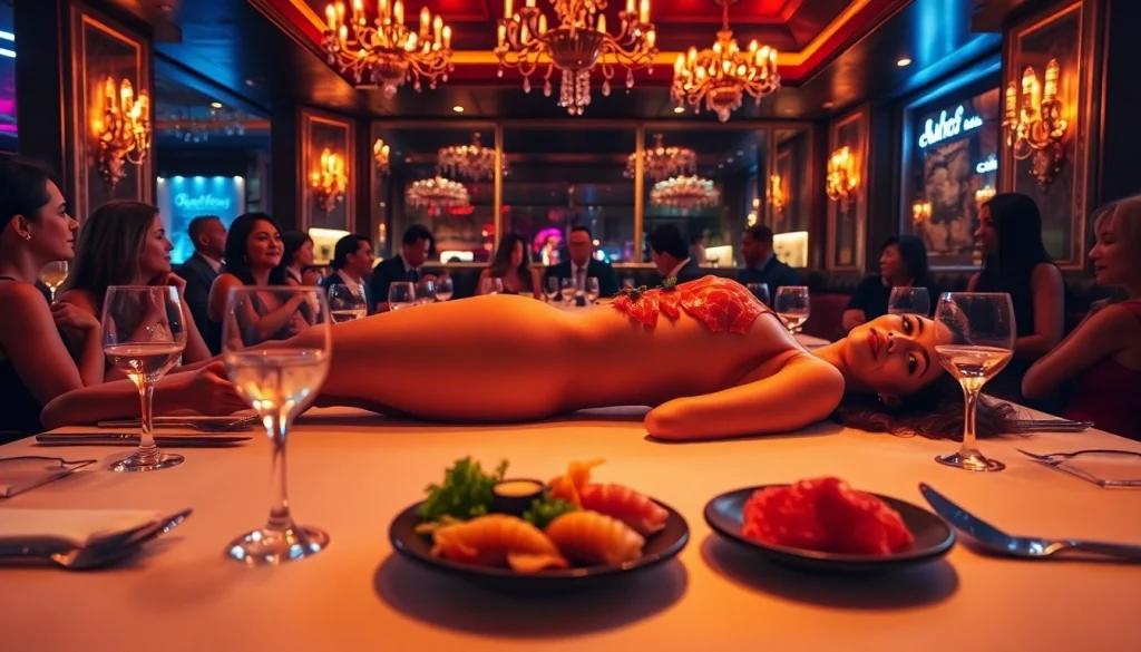 Indulge in body sushi at Club Noir, an upscale strip club in St Martin, featuring elegant dining.