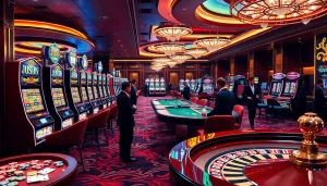 Experience the thrill of luck8 in an upscale casino scene filled with vibrant tables and slot machines.