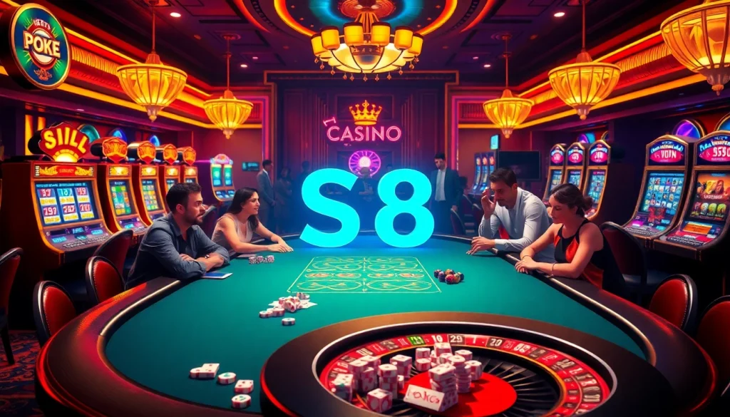 Experience the thrill of S8 casino with vibrant poker tables and exciting slot machines.