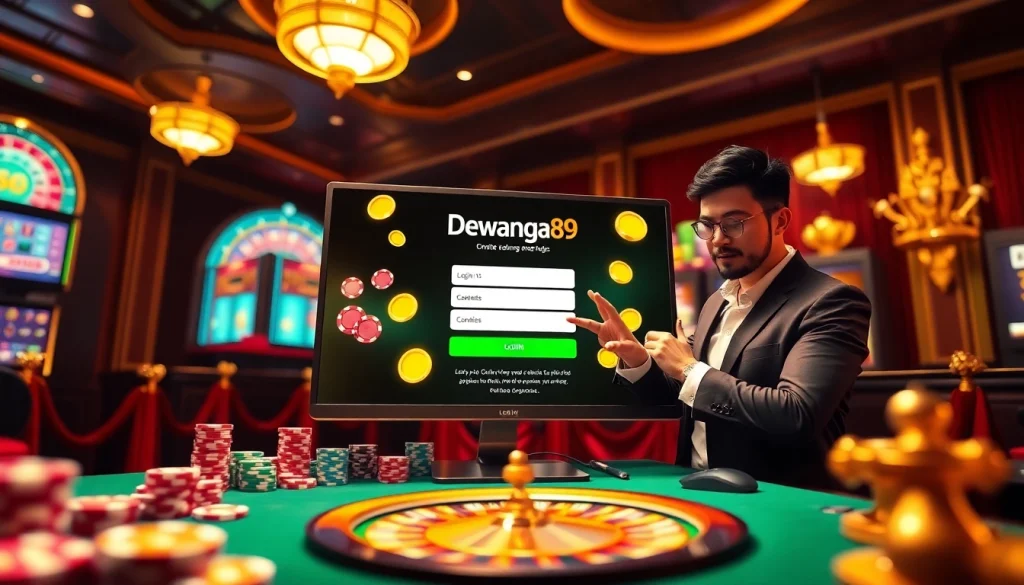 Berinteraksi dengan login Dewanaga89 melalui pengalaman kasino online yang imersif, menampilkan permainan slot yang berwarna-warni dan chip poker.