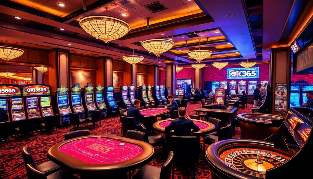 Experience high-stakes gaming at OK365 with vibrant slot machines and engaging poker tables.