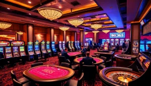 Experience high-stakes gaming at OK365 with vibrant slot machines and engaging poker tables.