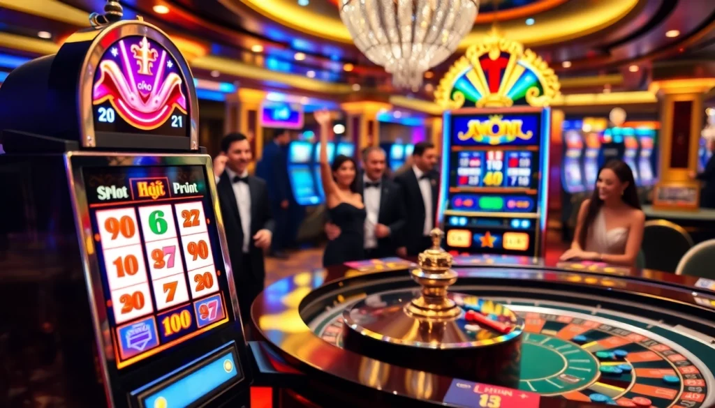 Players celebrating a big win at a casino slot machine showcasing nổ hủ 90 jackpot.