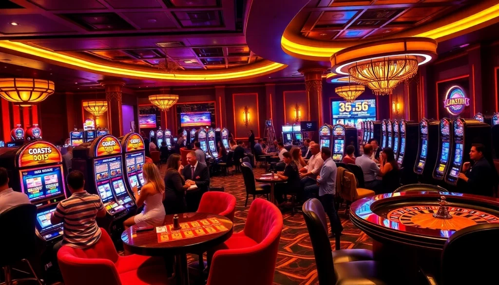 Excited players enjoying slot 365 machines in a luxurious casino environment.