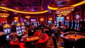 Excited players enjoying slot 365 machines in a luxurious casino environment.