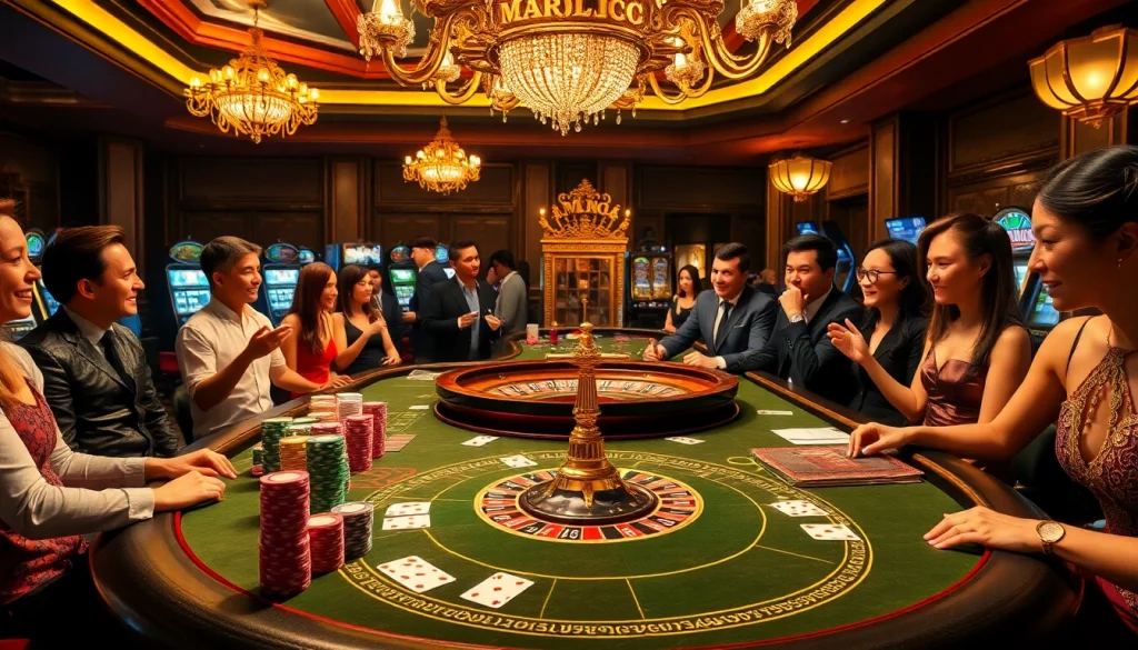 Players engage at a high-stakes MMOO casino table with colorful chips and cards.