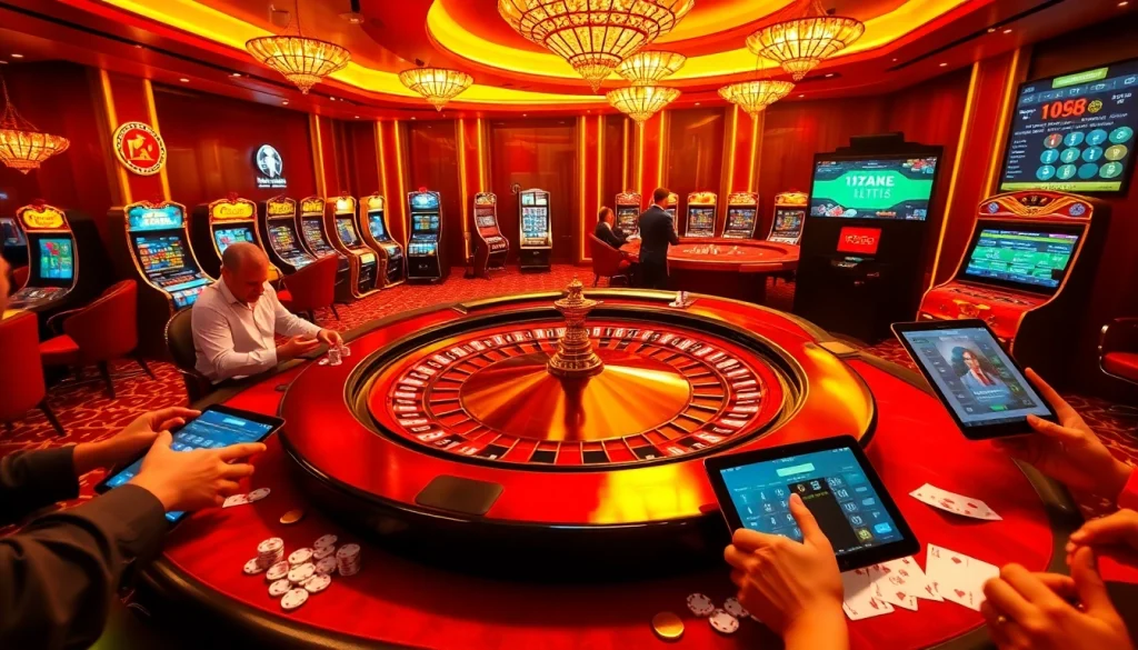 Exciting casino scene showcasing Tool xổ số siêu tốc with players at roulette table and vibrant lottery displays.