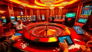 Exciting casino scene showcasing Tool xổ số siêu tốc with players at roulette table and vibrant lottery displays.