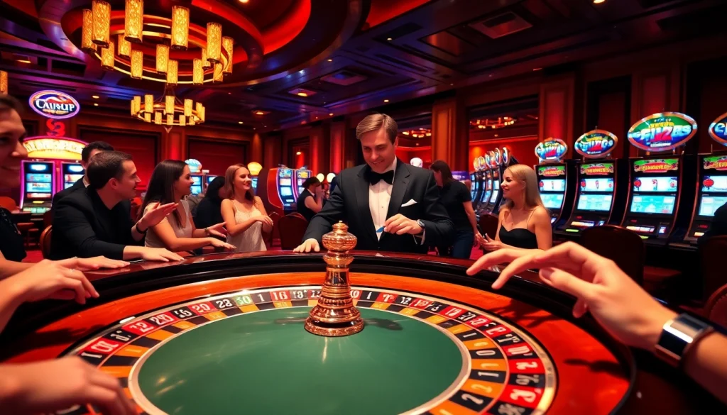 Engaging players at a BDJL roulette table in a vibrant casino atmosphere.