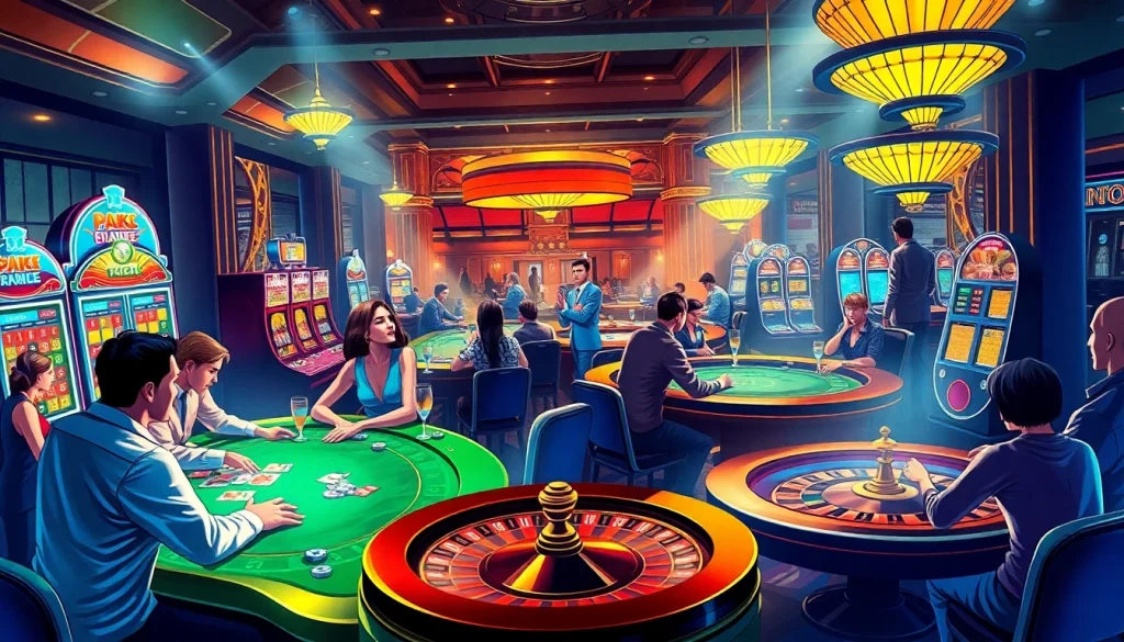 Players enjoying a thrilling casino experience at https://kk55.host/ with vibrant slot machines and poker tables.