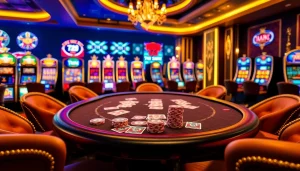 Players engaging in high-stakes poker with TR88 branded chips in a luxurious casino setting.