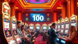 Pemain merayakan kemenangan di mesin slot, menyoroti kegembiraan permainan Slot Bet 100.