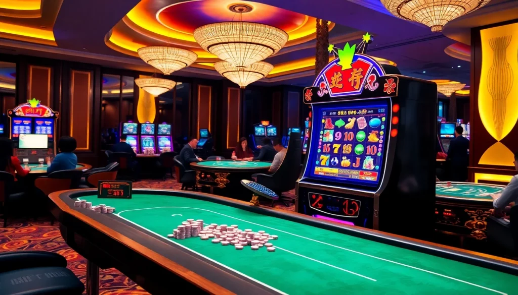 Play game nổ hũ at a luxurious casino with vibrant slot machines and exciting ambiance.