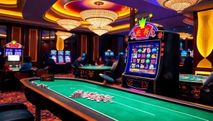 Play game nổ hũ at a luxurious casino with vibrant slot machines and exciting ambiance.