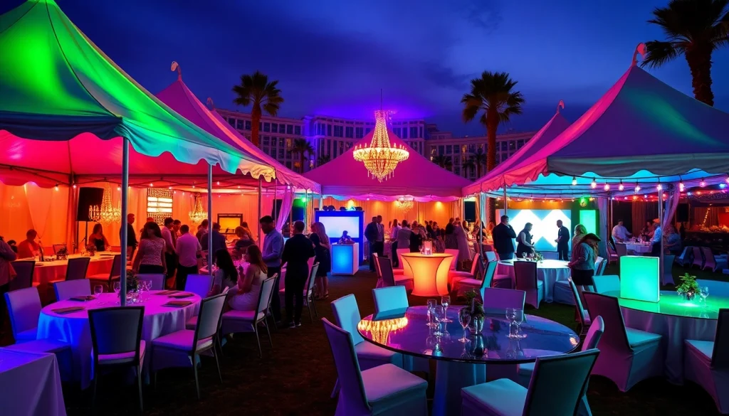 Las Vegas Party Rentals showcase vibrant outdoor event setups with colorful tents, tables, and joyful guests.