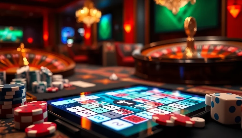 Engaging digital Rummikub online gameplay showcasing vibrant tiles in a luxurious casino setting.