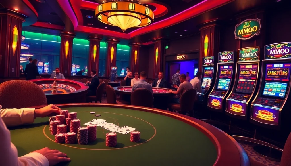 Experience strategic play at a poker table with vibrant MMOO-themed gambling chips and exciting casino visuals.