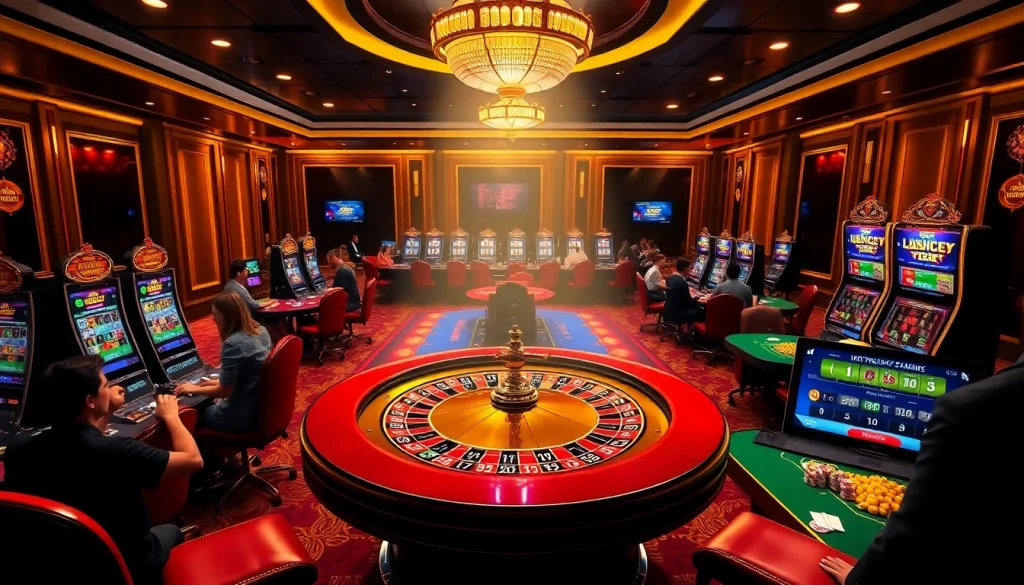 Không khí sòng bạc sôi động tại https://luck8.net với người chơi đang tham gia roulette và máy đánh bạc.