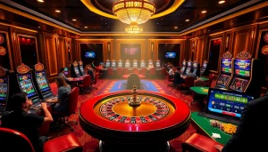 Không khí sòng bạc sôi động tại https://luck8.net với người chơi đang tham gia roulette và máy đánh bạc.