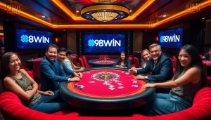 Players engaging at a high-stakes poker table at 98WIN casino.