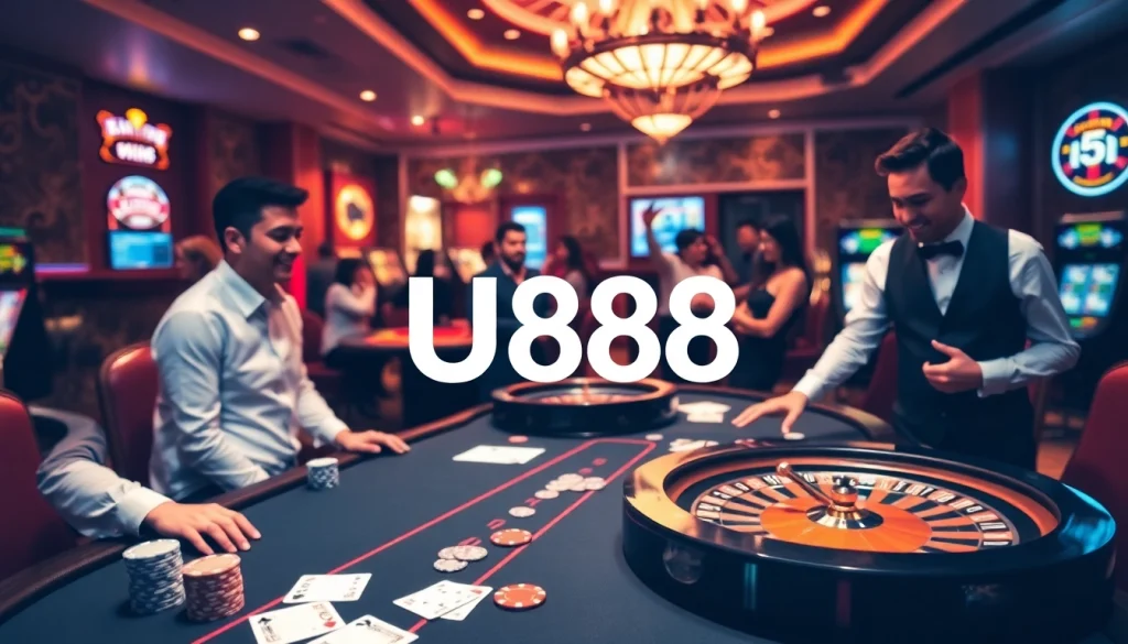 Experience the excitement of U888 casino with vibrant tables, poker chips, and a roulette wheel.