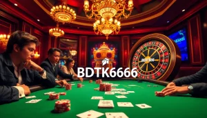 Players at a poker table strategizing about BDTK666 while colorful chips scatter across the green felt.