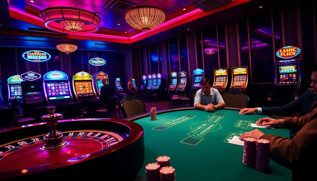 Action-packed casino scene showcasing GK88 gaming excitement with poker and roulette.