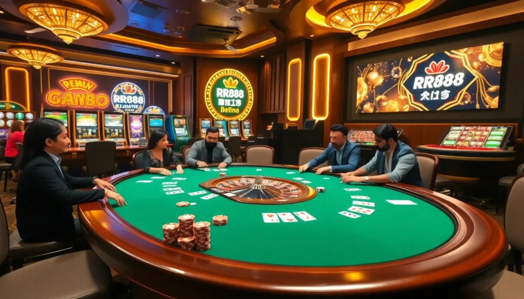 Players at a RR88 casino poker table demonstrate skill and excitement in a vibrant atmosphere.